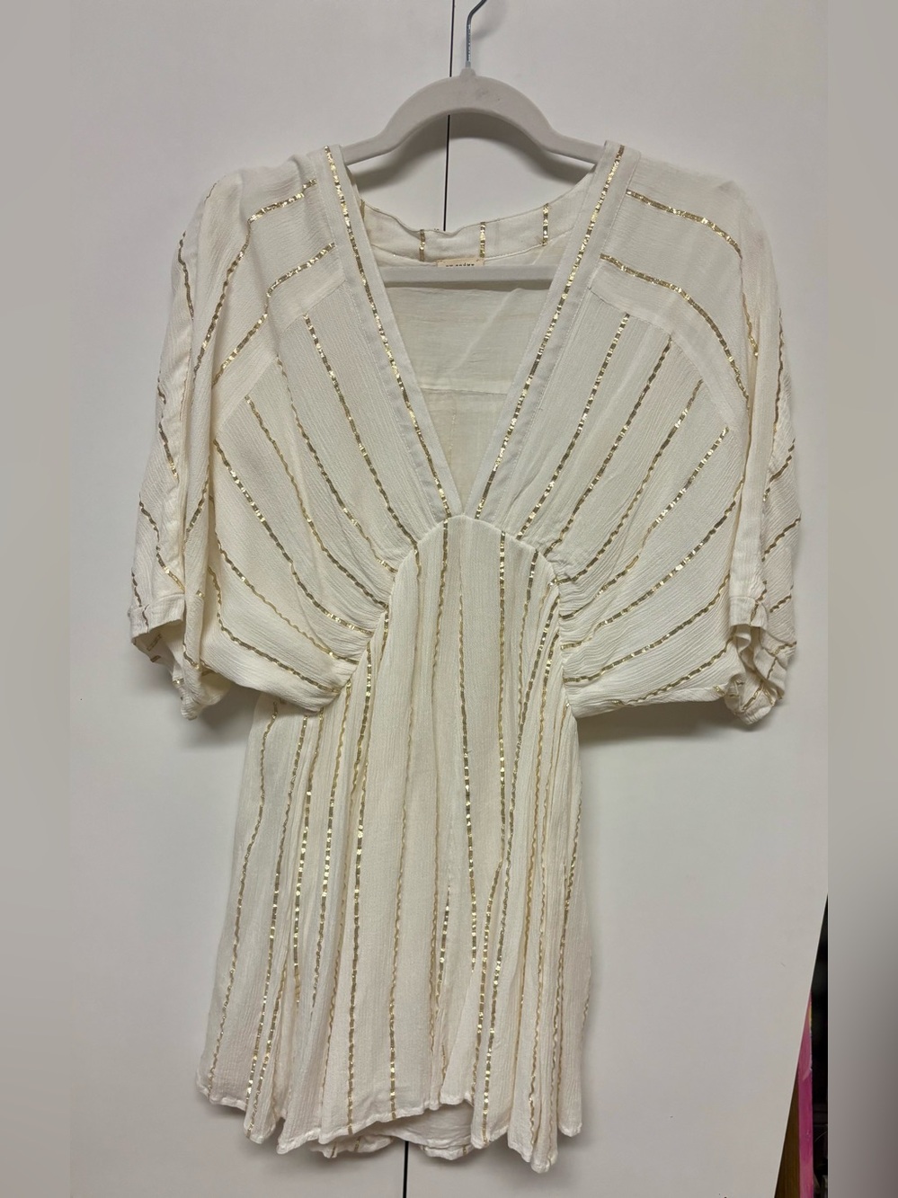 Cream Metallic-Strip V-Neck Caftan Dress
